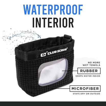 Club Scrub Golf Club and Golf Ball Cleaning Bag, Waterproof Clean Face Technology Liner, Detachable Clip, Machine Washable, Cleans Club Grooves, Dry Exterior (Neoprene or Microfiber Option Available) - color: Black, style: Microfiber Pro