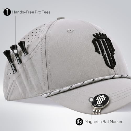 NJF Golf Hat Men - Breathable Mens Golf Hats, Adjustable Rope Hook and Loop Style Cap, Convenient Cap with Tee Holder - color: Light Gray