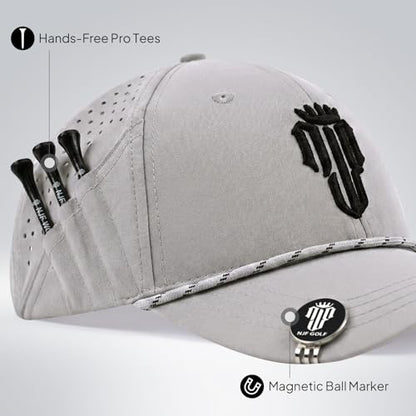 NJF Golf Hat Men - Breathable Mens Golf Hats, Adjustable Rope Hook and Loop Style Cap, Convenient Cap with Tee Holder - color: Light Gray