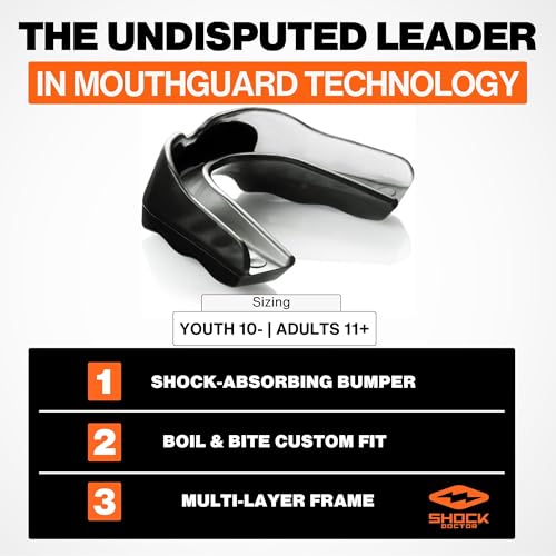 Shock Doctor Mouth Guard, Custom Fit Football Mouth Guard, Moldable Mouth Guard Boxing, Lacrosse, Hockey, MMA, Football & More, Mouthpiece, Mouthguard Sports, Adult & Youth - size: Youth - STRAPLESS