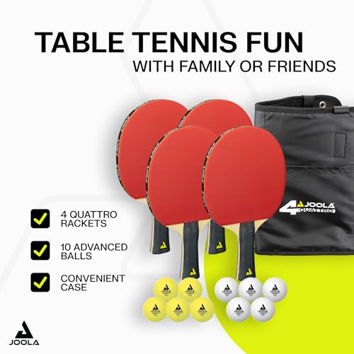JOOLA Quattro Ping Pong Paddles Set of 4 - Includes 10 Advanced 3 Star Ping Pong Balls and Storage Case - 4 Competition Table Tennis Paddles to Help Improve Your Game with More Spin and Speed