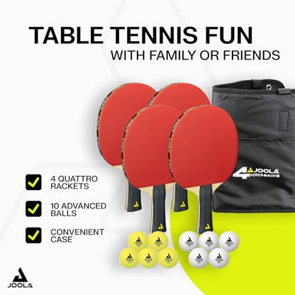 JOOLA Quattro Ping Pong Paddles Set of 4 - Includes 10 Advanced 3 Star Ping Pong Balls and Storage Case - 4 Competition Table Tennis Paddles to Help Improve Your Game with More Spin and Speed