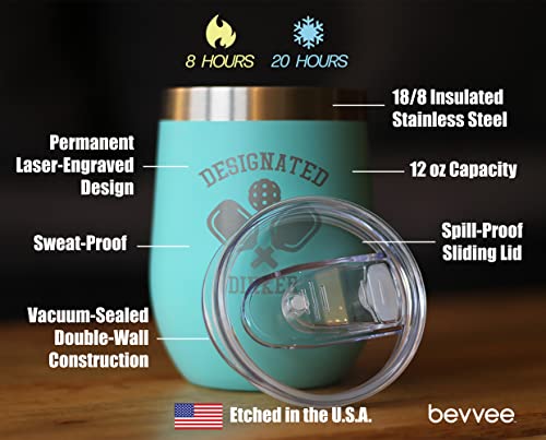 Bevvee Designated Dinker - Wine Tumbler Glass with Sliding Lid - Stainless Steel Insulated Mug - Funny Pickleball Themed Gifts and Decor - Teal