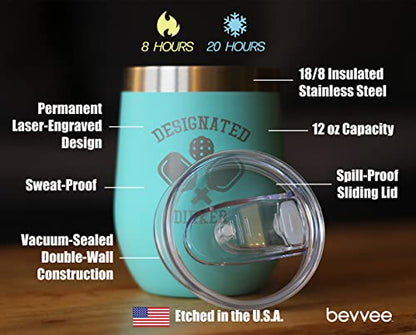 Bevvee Designated Dinker - Wine Tumbler Glass with Sliding Lid - Stainless Steel Insulated Mug - Funny Pickleball Themed Gifts and Decor - Teal