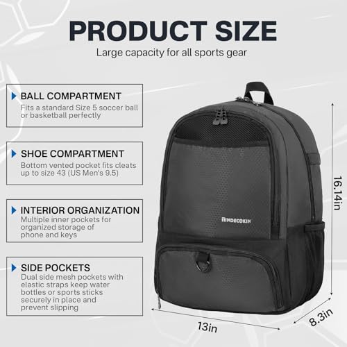 Soccer Backpack with Ball Compartment and Cleat Pocket, Water-Resistant Youth Sports Bag for Soccer Basketball Volleyball, Athletic Gear Bag for Teens & Junior Athletes