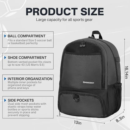 Soccer Backpack with Ball Compartment and Cleat Pocket, Water-Resistant Youth Sports Bag for Soccer Basketball Volleyball, Athletic Gear Bag for Teens & Junior Athletes