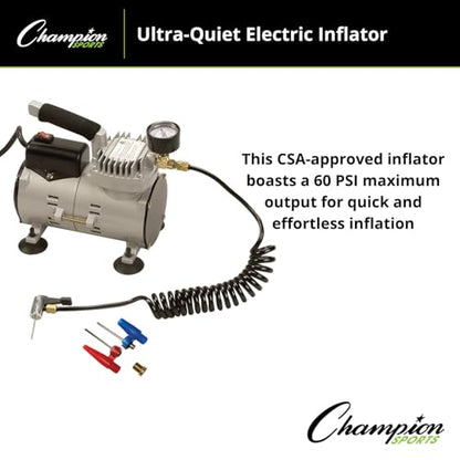 Champion Sports Electric Ball Inflator – Quiet High-PSI Air Compressor & Ball Pump for Sports Balls, 110–120V AC - size: 1/8 HP - 60 PSI (Ultra Quiet)