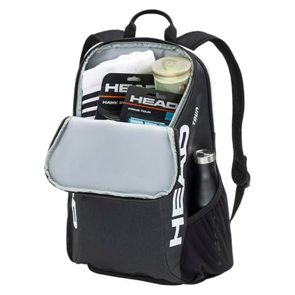 HEAD Tour Tennis Backpack 25L - Holds 2 Racquets, Shoe Compartment, Phone Pocket, Water Bottle & Ball Can Pockets - color: Black
