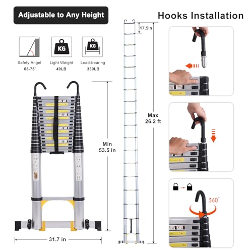 26.2FT Telescoping Aluminum Extension Ladder, Telescopic Ladder with Hooks，330lbs Capacity, Multi-Purpose Collapsible for Home, Outdoor Work, Silvery