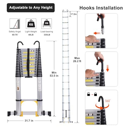 26.2FT Telescoping Aluminum Extension Ladder, Telescopic Ladder with Hooks，330lbs Capacity, Multi-Purpose Collapsible for Home, Outdoor Work, Silvery