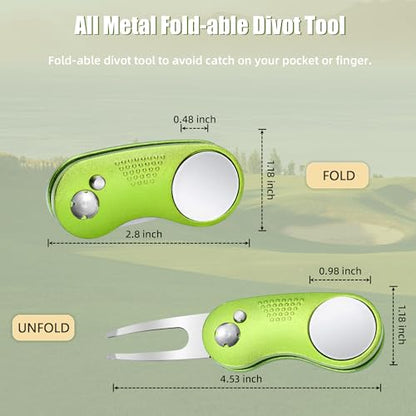 Mile High Life Golf Divot Repair Tool, All Metal Foldable Divot Tool with Pop-up Button & Magnetic Ball Marker - color: Lime Green Curve