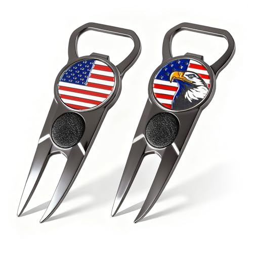 FINGER TEN Golf Divot Repair Tool and Ball Marker 7-in-1 Value 2 Pack, Premium Leather Grip Tools with Belt Clip, Club Tee, Club Groove Cleaner, Bottle Opener, Putting Alignment Guide - color: Glossy Black