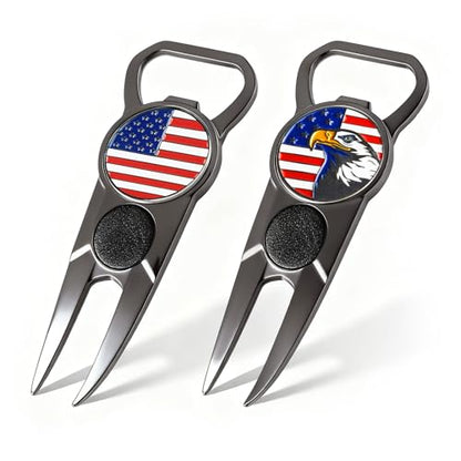 FINGER TEN Golf Divot Repair Tool and Ball Marker 7-in-1 Value 2 Pack, Premium Leather Grip Tools with Belt Clip, Club Tee, Club Groove Cleaner, Bottle Opener, Putting Alignment Guide - color: Glossy Black