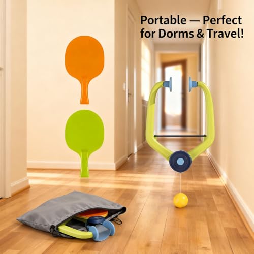 Door Plunking Game, Adjustable Hanging Ping Pong Trainer Set with Racket & Balls