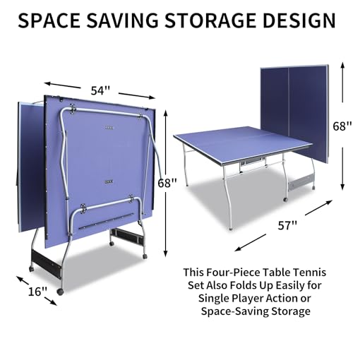 Compact Ping Pong Table, 8ft Mid-Size Indoor/Outdoor Table Tennis Game Set, Foldable, Portable Table Tennis Table with Net, 2 Table Tennis Paddles and 3 Balls, Blue