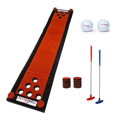 PutterBall Original Golf Putting Game Set – Backyard Putting Green Pong Style Golf Mat with 2 Putters, 2 Balls & Hole Covers - 9 ft - color: Red