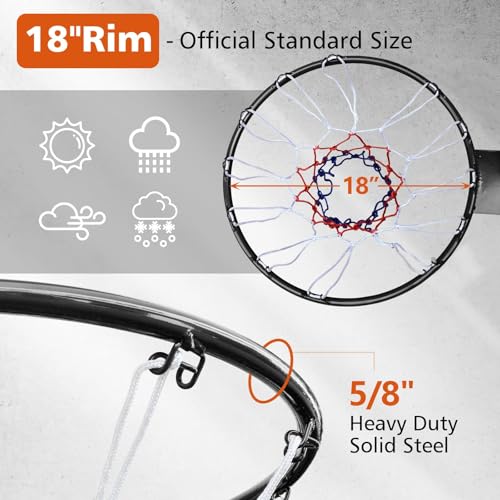 18" Basketball Rim Replacement, Wall Door Mounted Basketball Rim, Double Spring Solid Basketball Rim Replacement with Net Fits In-Ground & Wall-Mounted Basketball Hoops, Indoor/Outdoor