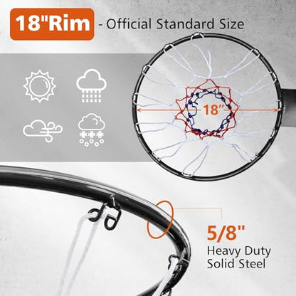 18" Basketball Rim Replacement, Wall Door Mounted Basketball Rim, Double Spring Solid Basketball Rim Replacement with Net Fits In-Ground & Wall-Mounted Basketball Hoops, Indoor/Outdoor