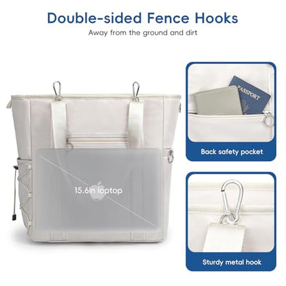 Pickleball Tote Bag for Women with Fence Hook, Quilted Pickleball Bag Holds 3-4 Paddles with Shoe Compartment & Wet Pocket - color: Beige