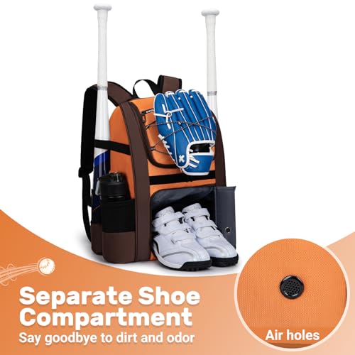 KAVIGOR Youth Baseball Bag, Softball Bag for Girls & Boys, Kids Tball Backpack with Shoes Compartment - color: Orange