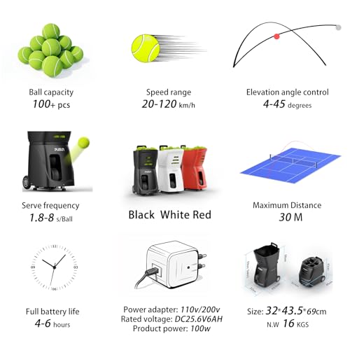 PT-Smart Tennis Ball Machine with APP, Remote & for Apple Watch Control, 12 Training Modes, 20 Landing Points, 12–75 MPH Speed, 100+ Ball Capacity, Portable Tennis Ball Launcher - color: Black