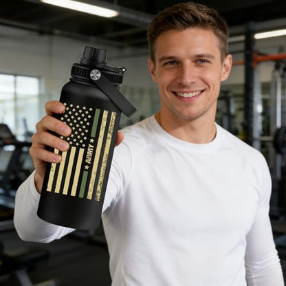 Fufandi Veteran Gifts, Army Gifts for Men - Veterans Day Fathers Day Retirement Gift for Army, Navy, Air Force, Veteran Water Bottle 32oz - color: Veteran Black