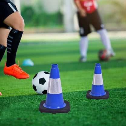 4 Pack 12 Inch Blue PVC Traffic Cones Black Base, Sport Training Cones for Soccer Drills, Outdoor Play, Indoor Gym Activities (4, Blue, 12 Inch)