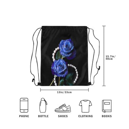 Castle Fairy Rose Flower Drawstring Backpack,Luxury Pearls Jewels Waterproof Sports Gym Bag,Princess Style Large Capacity for Travelling,Swimming,Beach,Black Blue - color: Black Blue