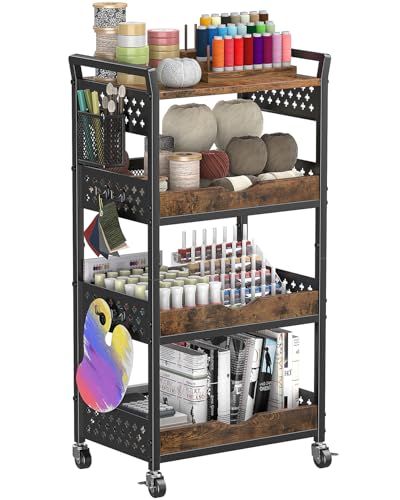 4 Tier Bathroom Storage Cart - Kitchen Rolling Cart on Wheels, Metal Snack Cart Pantry Floor Organizer with Hooks and Mesh Basket, Black Utility Trolley Rack for Fruit Coffee Craft Makeup
