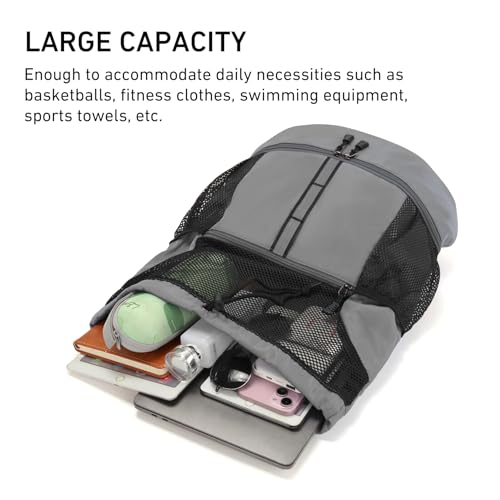 Valleycomfy Drawstring Gym Bag Sports Backpack With Shoe Compartment and Reflective Strips Grey - color: Grey08