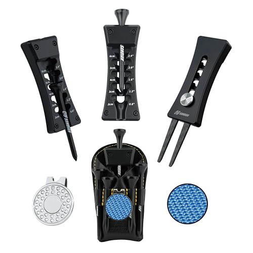 SANDIAN, All-in-1 Value Pak, Adjustable Golf Tee Height Setter with Divot Tool, Genuine Carbon Fiber Made Pitchfork, Super Lightweight, T800 Ball Marker, Hat Clip, Tees, Leather Holster, Zipper Case - color: Matte Black