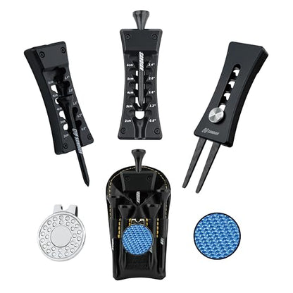 SANDIAN, All-in-1 Value Pak, Adjustable Golf Tee Height Setter with Divot Tool, Genuine Carbon Fiber Made Pitchfork, Super Lightweight, T800 Ball Marker, Hat Clip, Tees, Leather Holster, Zipper Case - color: Matte Black
