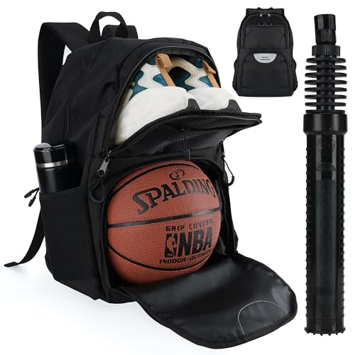 Soccer & Basketball Sports Bag with Ball Pump - Basketball Backpack with Separate Ball & Shoes Holder Compartment, Soccer Basketball Football & Volleyball Bag with Large Capacity - color: Carbon Black, style: With Ball Pump