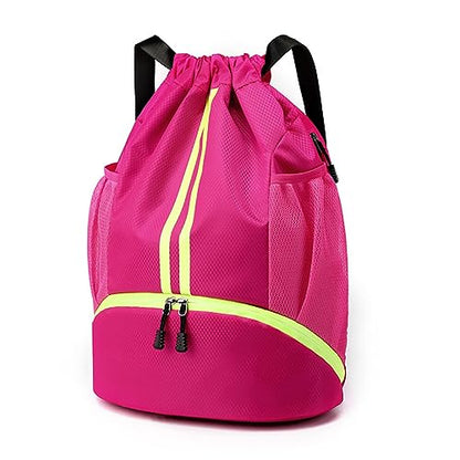 Valleycomfy Sports Drawstring Backpack - Water Resistant String Bag with Side Mesh Pockets Shoe Compartment Gym Backpack for Women & Men Rose - color: A-rose