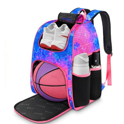 MATEIN Basketball Bag, Sturdy Soccer Bag with Ball Holder & Shoe Compartment, Large Basketball Backpack for Training Equipment, Water Resistant Sports Ball Backpack Fits Volleyball Football, Colorful - color: Pink
