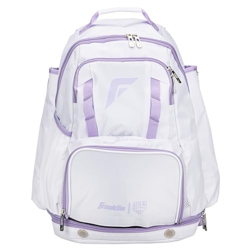 Franklin Sports USA SB Gameday Fastpitch-Softball Backpack – Adult +Youth Softball + Baseball Equipment + Bat Bag – Stores Batting Gloves, Helmet, Cleats - Waterproof Premium Batpack - color: White/Lilac