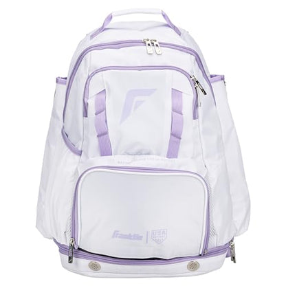 Franklin Sports USA SB Gameday Fastpitch-Softball Backpack – Adult +Youth Softball + Baseball Equipment + Bat Bag – Stores Batting Gloves, Helmet, Cleats - Waterproof Premium Batpack - color: White/Lilac