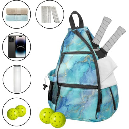 Pickleball Bag Marble Blue Pickle Ball Backpack for Women Men Premium Lightweight Crossbody Sling Bag Sports Backpack for Pickleball Paddle Tennis - color: Marble Blue