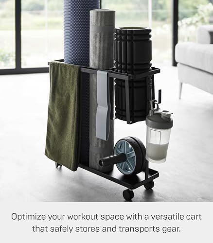 YAMAZAKI Home Tower Rolling Slim Fitness Rack with Adjustable Holder, Casters, Hooks for Gear Organization - Steel