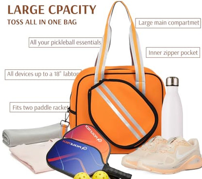Pickleball Sports Tote Bag with Racket Holder, Neoprene, Adjustable Shoulder Strap - color: Orange