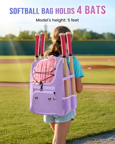 MATEIN Softball Bag, Lightweight Baseball Backpack with Shoe Compartment, Baseball Bag with Fence Hook for TBall Bat & Equipment, Softball Gifts Catchers Backpack for Women Fit Catcher’s Mitt, Helmet - color: Purple
