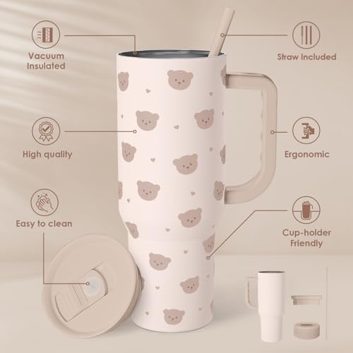 SANDJEST Bear Tumbler with Handle, Insulated Cup Stainless Steel Travel Mug Cup, Gifts for Women Girl, 40oz - color: Bear