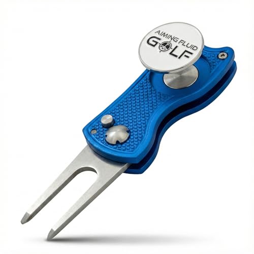 Golf Divot Repair Tool — 5-in-1 Golfing Ball Marker, Pitch Mark Repair, Putting Alignment, Club Tee, and Groove Cleaner, Accessory Metal Switchblade Design - Ideal Gift for Golfers - color: Blue