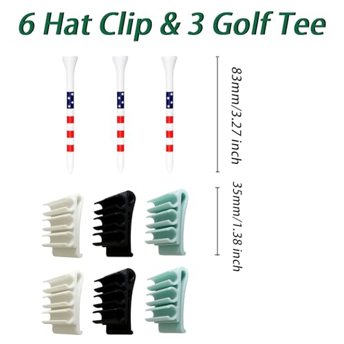 6 PCS Hat Clip Golf Tee Holder (with 3pc Tee) Golf Tee Holder Hat Clips Fits Hat Brim & Visor - Stores 3 Golf Tees for Quick Access (Black+White+Blue)