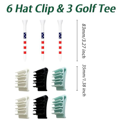 6 PCS Hat Clip Golf Tee Holder (with 3pc Tee) Golf Tee Holder Hat Clips Fits Hat Brim & Visor - Stores 3 Golf Tees for Quick Access (Black+White+Blue)