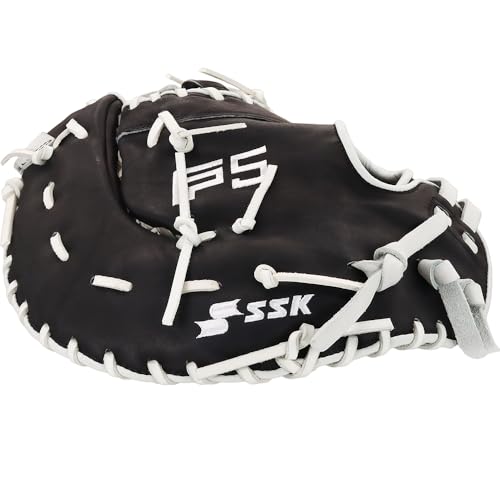 SSK FP5 Fastpitch Softball First Base Mitt 12.5” – 13” Right & Left Hand Throw Premium Full Leather Softball Glove - color: Black/White, size: 13" - Right Hand Throw