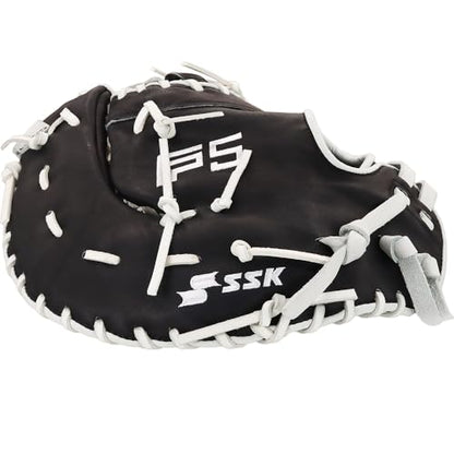 SSK FP5 Fastpitch Softball First Base Mitt 12.5” – 13” Right & Left Hand Throw Premium Full Leather Softball Glove - color: Black/White, size: 13" - Right Hand Throw