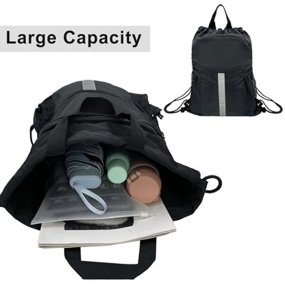 Drawstring Backpack with Shoes Compartment Waterproof Large String Cinch Beach Pool Bag for Swim Sports Gym(Black) - color: Black