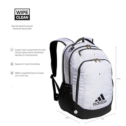 adidas Defender Sports Backpack with Shoe Compartment, Soccer Bag - color: White/Black/Gold Metallic