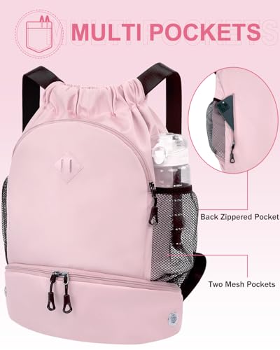RHDZO Drawstring Backpack Gym Backpack with Shoe Compartment for Men Women String Sports Bag with Wet Pocket Cinch Swim Beach Bag, Large Pink - color: Large Pink